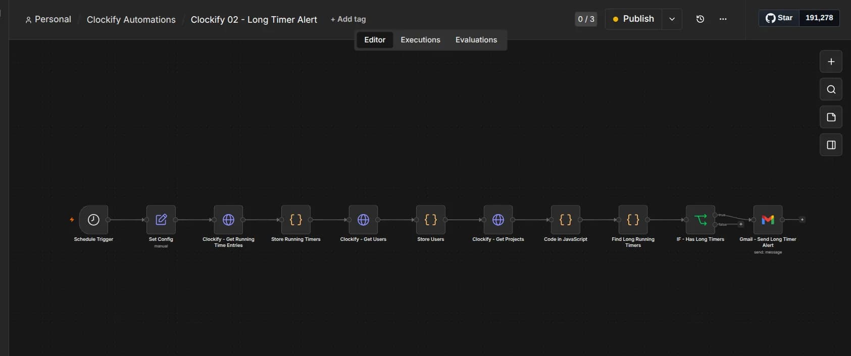 n8n workflow canvas for Clockify 02 - Long Timer Alert